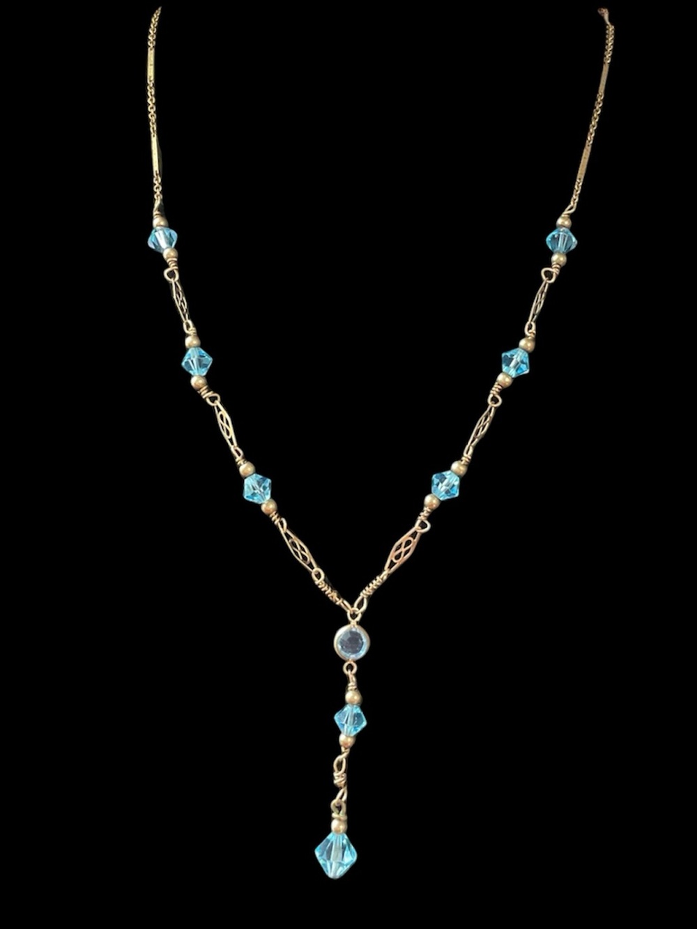 Vintage Gold Filled Blue Crystal Lavalier Lariat Beaded Necklace 20.25”